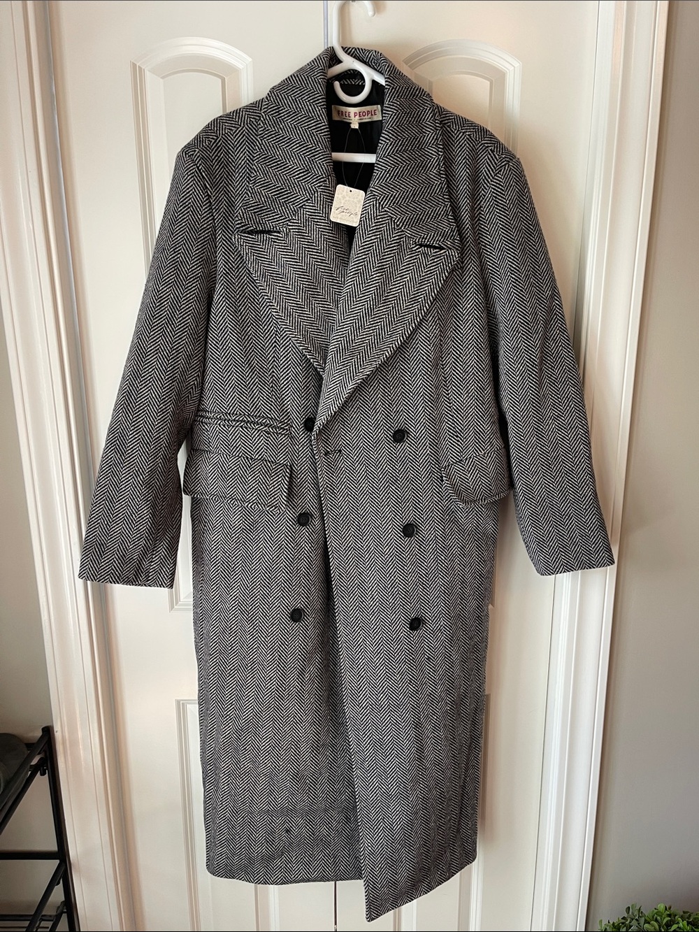 NWT Free People Herringbone Double Breasted Long Coat Dark Grey Size L